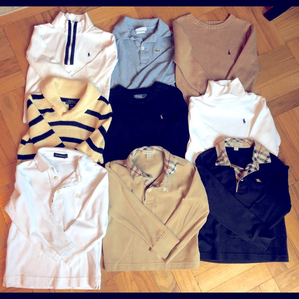 9 long sleeved shirts- Burberry/Lacoste/Polo 3-4T